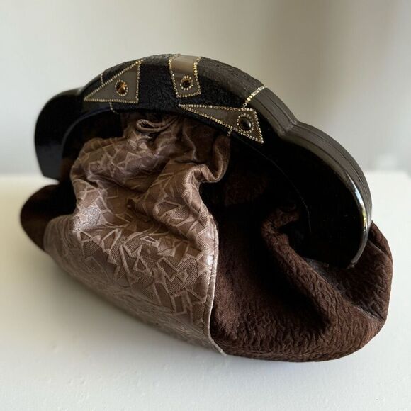 Vintage Patchwork Leather Wooden Handle Clutch With Stones - Picture 7 of 11